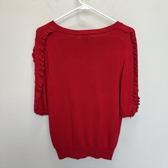Chelsea & Theodore | Red Ruffle 3/4 Sleeve Stretchy Sweater Petite Small - Picture 5 of 5